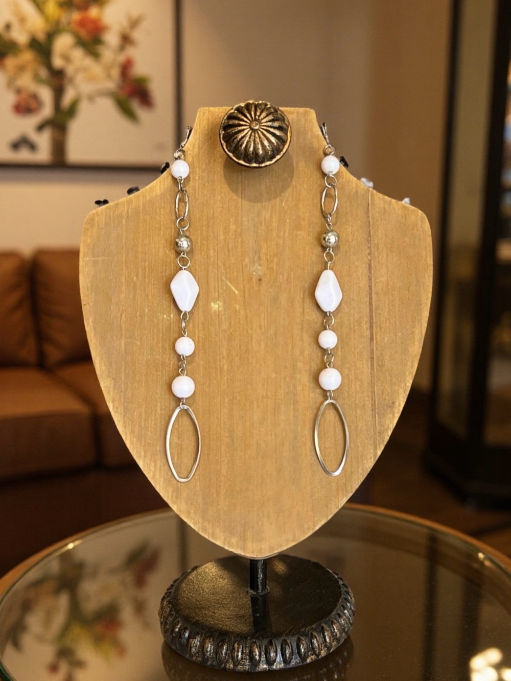 90’s Vintage Long White Bead Drop Earrings with Silver Ovals